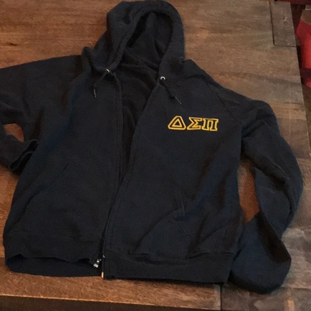 ΔΣΠ DSP Delta Sigma Pi black zip up hoodie with Greek letters American Apparel S